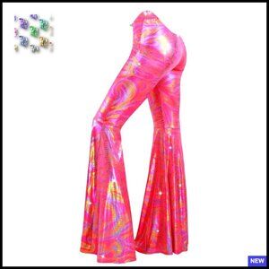 Sequin Flare Pants High Waisted Glitter Trousers Retro Disco Night Out